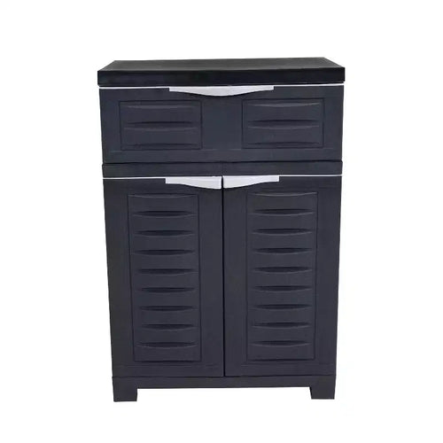 HomeRoots 24 Charcoal Plastic Accent Cabinet With Two Doors And One Drawer