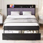 Queen Bed Frame with Storage Drawers & Charging Station, Upholstered Headboard Platform Bed, 800LB Capacity, No Box Spring Needed, Grey & Black