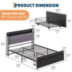 Lit Queen avec tiroirs de rangement et station de charge, lit plateforme avec tête de lit capitonnée, capacité de 360 kg, pas besoin de sommier, gris et noir