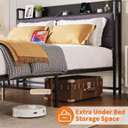 Lit Queen avec tiroirs de rangement et station de charge, lit plateforme avec tête de lit capitonnée, capacité de 360 kg, pas besoin de sommier, gris et noir