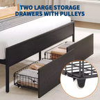 Lit Queen avec tiroirs de rangement et station de charge, lit plateforme avec tête de lit capitonnée, capacité de 360 kg, pas besoin de sommier, gris et noir
