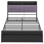 Lit Queen avec tiroirs de rangement et station de charge, lit plateforme avec tête de lit capitonnée, capacité de 360 kg, pas besoin de sommier, gris et noir