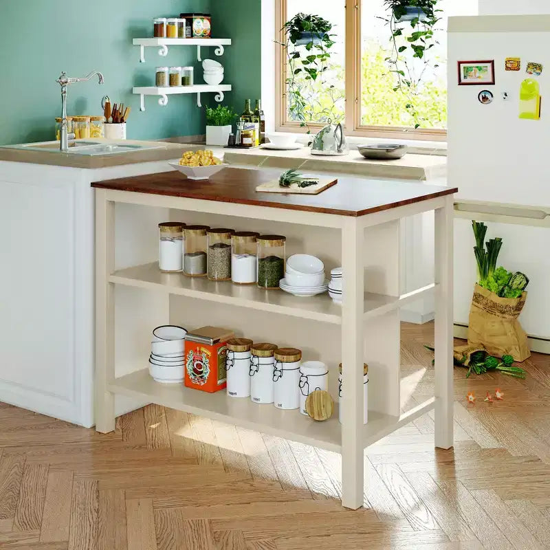 Îlot de cuisine rustique avec plateau de boucher en caoutchouc, chariot de cuisine avec 2 étagères ouvertes, table d'îlot de cuisine pour petits espaces, noyer
