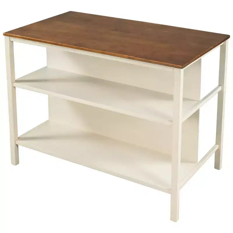 Îlot de cuisine rustique avec plateau de boucher en caoutchouc, chariot de cuisine avec 2 étagères ouvertes, table d'îlot de cuisine pour petits espaces, noyer