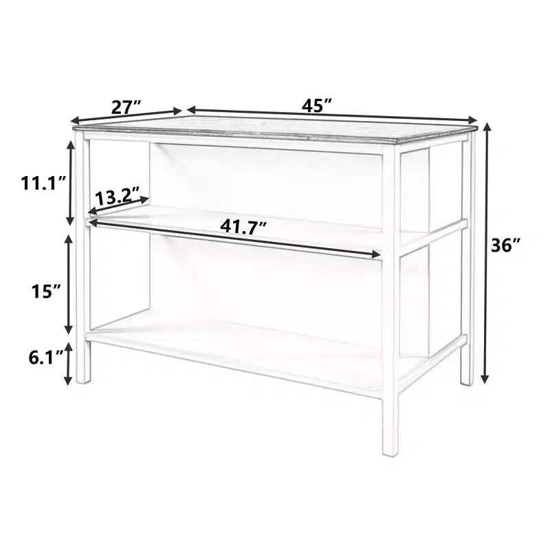 Îlot de cuisine rustique avec plateau de boucher en caoutchouc, chariot de cuisine avec 2 étagères ouvertes, table d'îlot de cuisine pour petits espaces, noyer