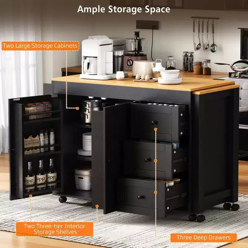 Îlot de cuisine avec table extensible, îlot de cuisine avec rangement et prise de courant, desserte de cuisine roulante avec porte-épices pour salle à manger