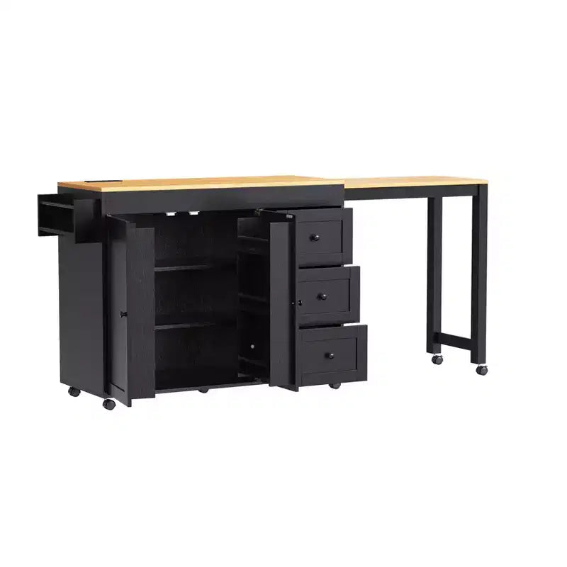Îlot de cuisine avec table extensible, îlot de cuisine avec rangement et prise de courant, desserte de cuisine roulante avec porte-épices pour salle à manger