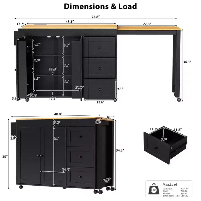 Îlot de cuisine avec table extensible, îlot de cuisine avec rangement et prise de courant, desserte de cuisine roulante avec porte-épices pour salle à manger