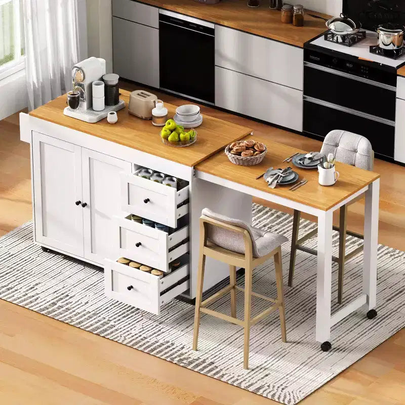 Îlot de cuisine avec table extensible, îlot de cuisine avec rangement et prise de courant, desserte de cuisine roulante avec porte-épices pour salle à manger