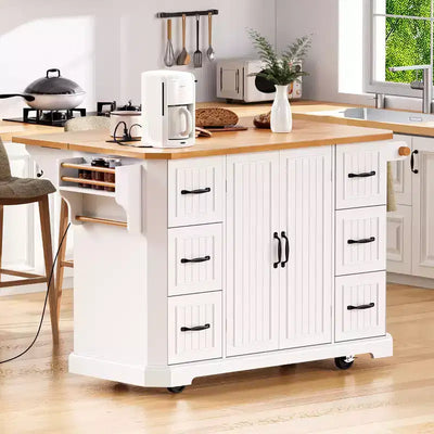 Okak Kitchen Cart with Rubberwood Veneer Drop Leaf, Countertop Organizer with Power Outlet, 4 Door Shelves and 6 Deep Drawers for Kitchen