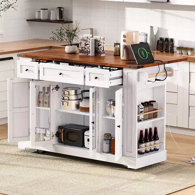 Desserte de cuisine avec deux portes en verre trempé et 5 étagères latérales ouvertes, Îlot de cuisine avec prise électrique et abattant pour salle à manger