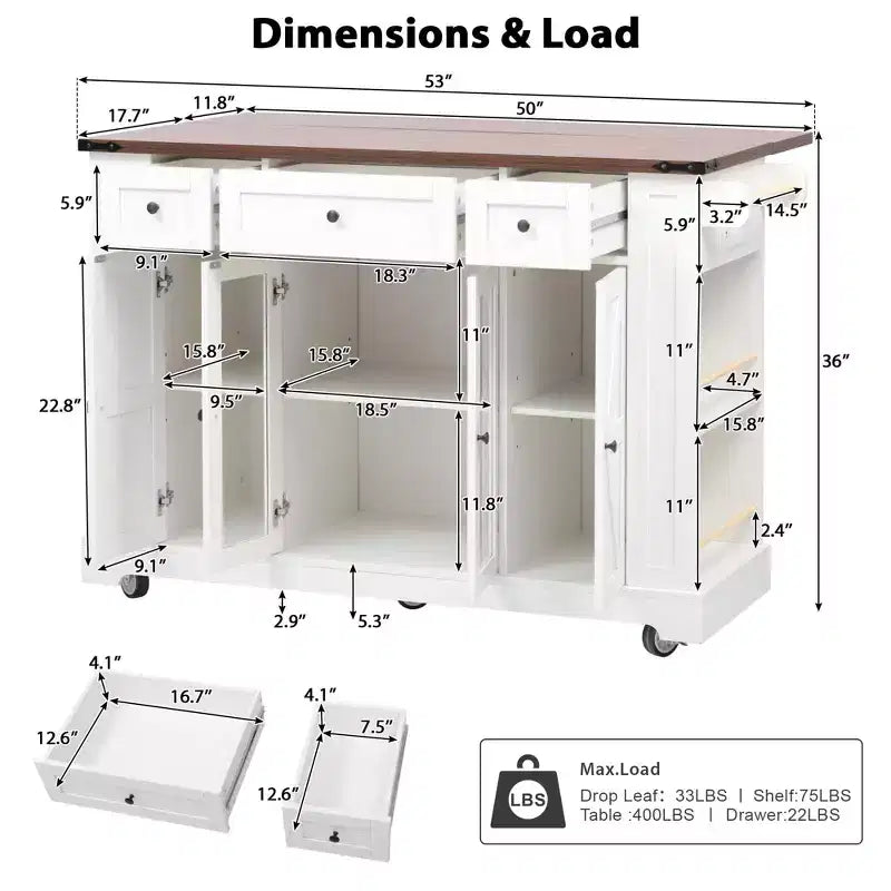Desserte de cuisine avec deux portes en verre trempé et 5 étagères latérales ouvertes, Îlot de cuisine avec prise électrique et abattant pour salle à manger