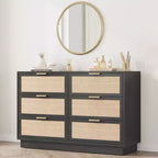 Rattan 6 Drawer Dresser, 47in Wide Black 6 Chest of Drawers with Metal Handles and Wooden Sturdy Base for Bedroom Living Room Nursery Closet