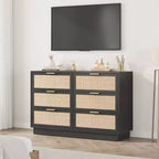 Commode 6 tiroirs en rotin, 120 cm de large, noire, avec poignées en métal et base en bois robuste pour chambre à coucher, salon, chambre d'enfant, placard