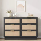 Commode 6 tiroirs en rotin, 120 cm de large, noire, avec poignées en métal et base en bois robuste pour chambre à coucher, salon, chambre d'enfant, placard