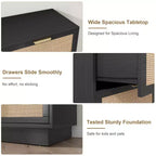 Commode 6 tiroirs en rotin, 120 cm de large, noire, avec poignées en métal et base en bois robuste pour chambre à coucher, salon, chambre d'enfant, placard