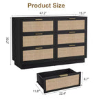 Commode 6 tiroirs en rotin, 120 cm de large, noire, avec poignées en métal et base en bois robuste pour chambre à coucher, salon, chambre d'enfant, placard