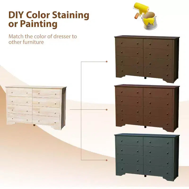 Commode en bois massif 55 W à 8 tiroirs, commode non finie pour bricolage couleur
