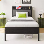 Okak Twin Size Bed Frame with Solid Storage Headboard, Platform Bed with Storage Headboard with Charging Station for Bedroom, Black