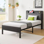 Cadre de lit simple avec tête de lit de rangement solide, lit plateforme avec tête de lit de rangement avec station de recharge pour chambre à coucher, noir