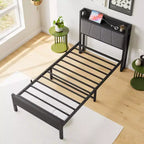 Cadre de lit simple avec tête de lit de rangement solide, lit plateforme avec tête de lit de rangement avec station de recharge pour chambre à coucher, noir