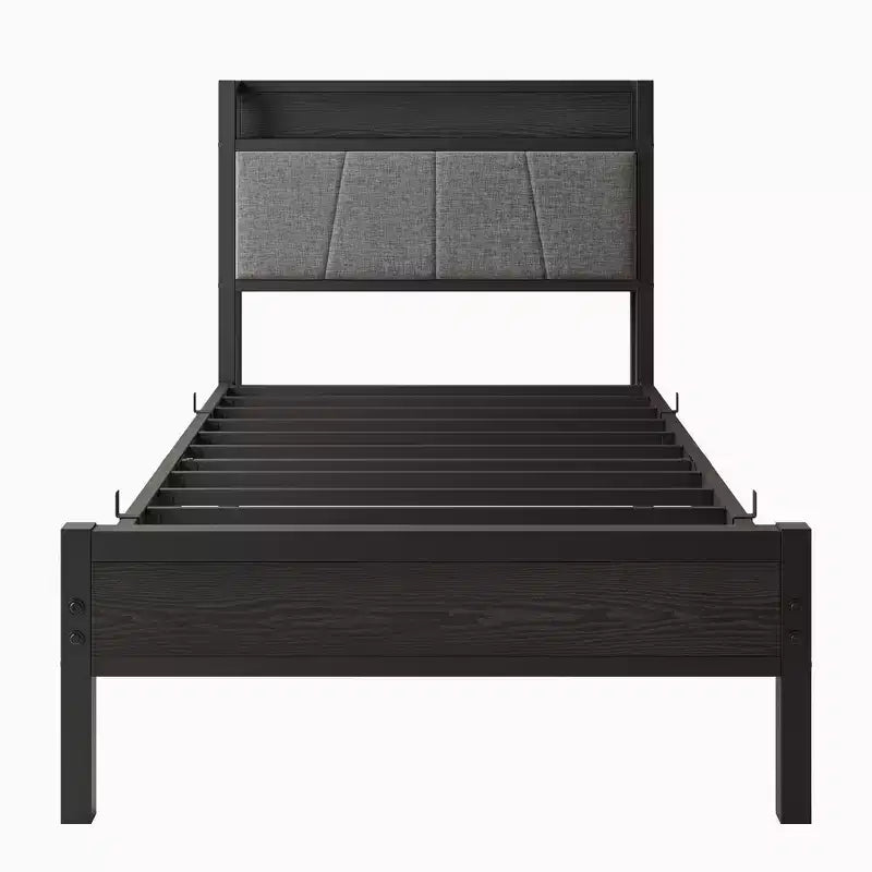 Cadre de lit simple avec tête de lit de rangement solide, lit plateforme avec tête de lit de rangement avec station de recharge pour chambre à coucher, noir