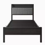 Cadre de lit simple avec tête de lit de rangement solide, lit plateforme avec tête de lit de rangement avec station de recharge pour chambre à coucher, noir