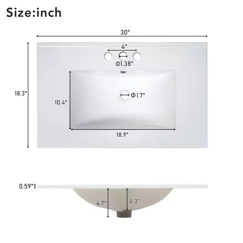 Meuble-lavabo de salle de bain avec évier, 1 porte, 2 tiroirs, étagère de rangement ouverte inférieure (robinets et tuyaux de vidange non inclus)