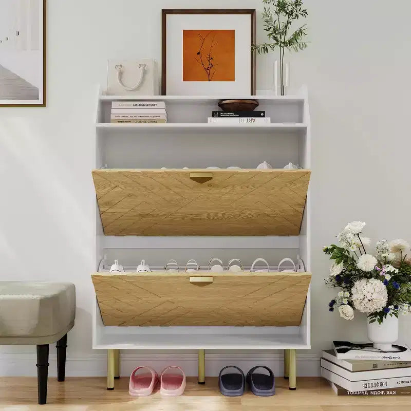 Meuble à chaussures avec organisateur fin à 2 tiroirs, étagère à chaussures autoportante, étagère d'entrée cachée réglable, design moderne pour couloir, chambre, placard
