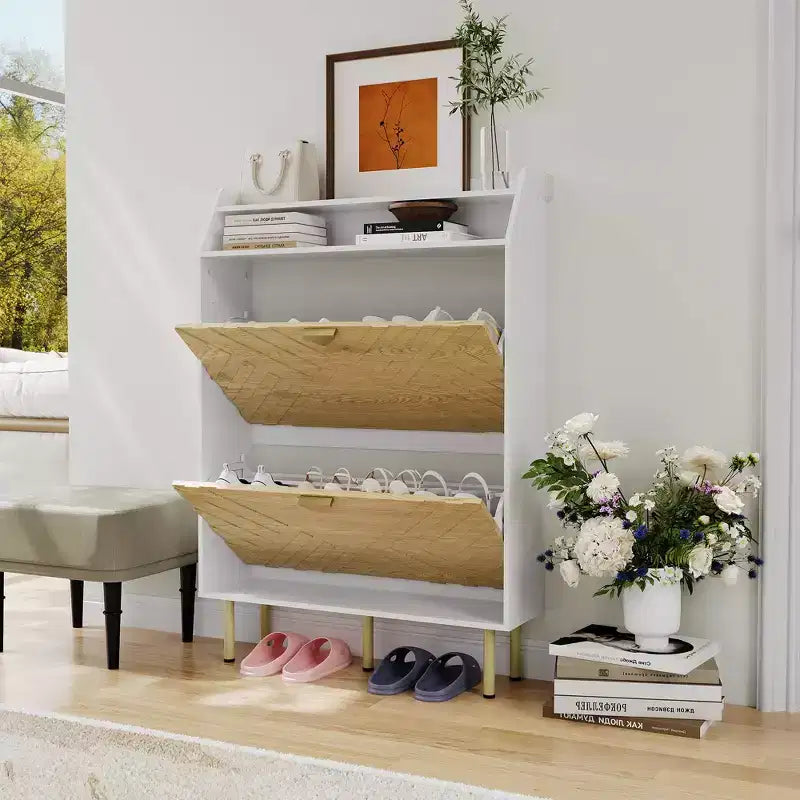 Meuble à chaussures avec organisateur fin à 2 tiroirs, étagère à chaussures autoportante, étagère d'entrée cachée réglable, design moderne pour couloir, chambre, placard