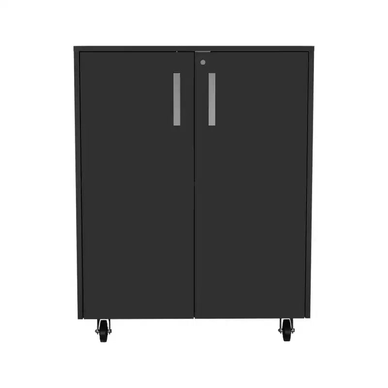 HomeRoots 35 Black Wood Rolling Storage Cabinet With Two Doors