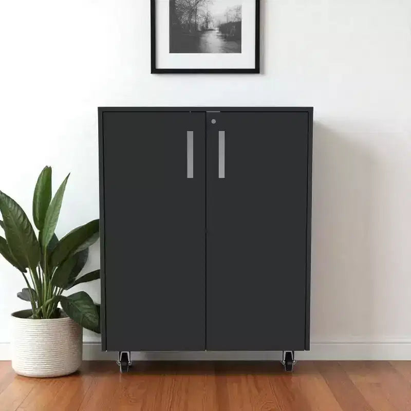 Meuble de rangement roulant en bois noir à deux portes de 35 po