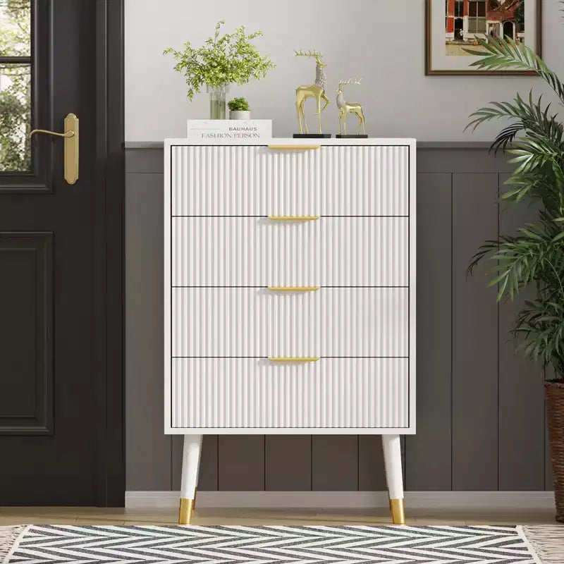 Commode 4 tiroirs, commode cannelée avec pieds et poignées dorés, table de chevet pour chambre à coucher, salon,