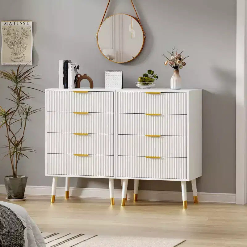 Commode 4 tiroirs, commode cannelée avec pieds et poignées dorés, table de chevet pour chambre à coucher, salon,