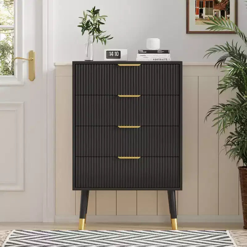 Commode 4 tiroirs, commode cannelée avec pieds et poignées dorés, table de chevet pour chambre à coucher, salon,