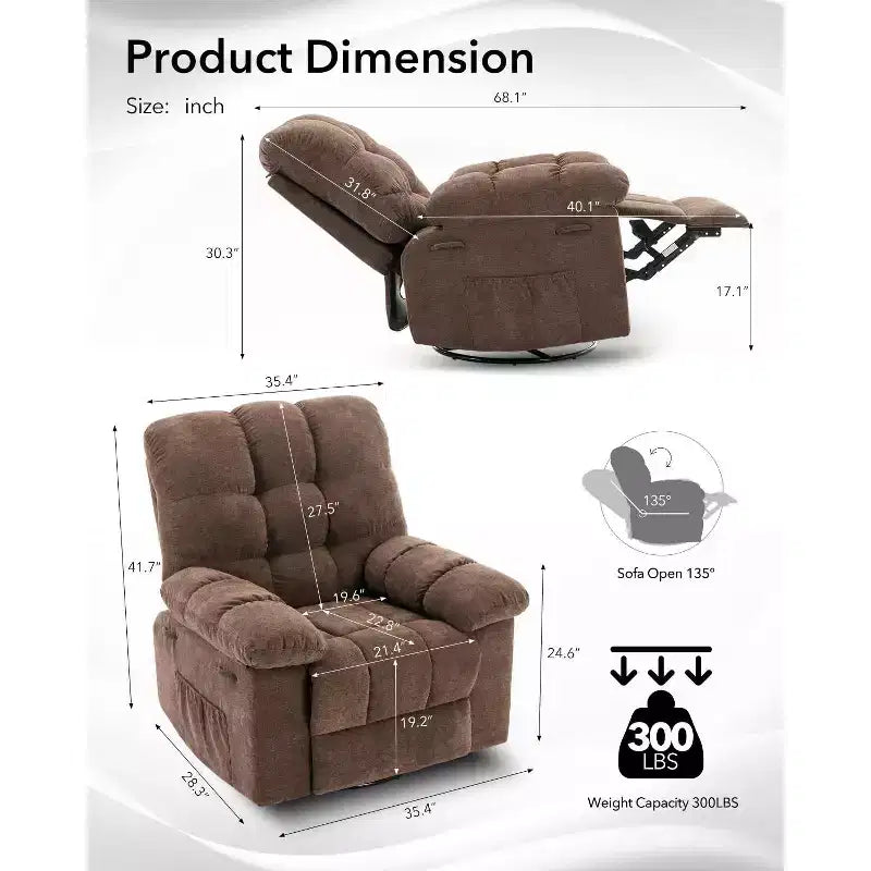 Fauteuil inclinable à bascule, fauteuil à bascule pivotant à 360° pour salon, fauteuil de nurserie rembourré en tissu avec poches latérales pour petits espaces