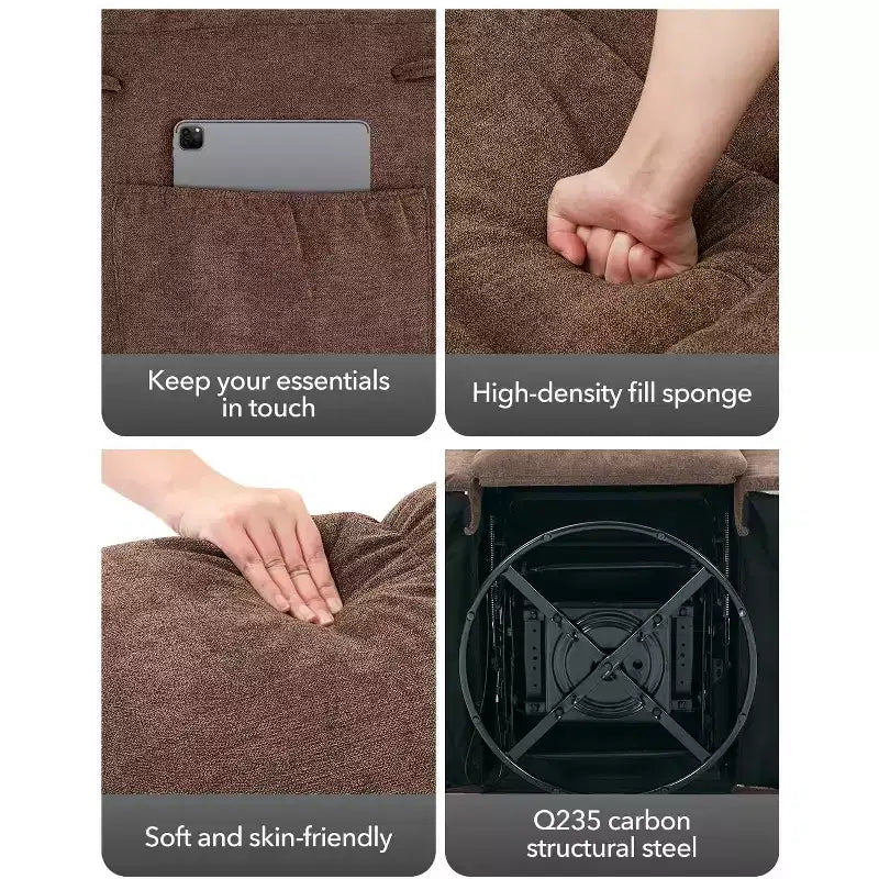 Fauteuil inclinable à bascule, fauteuil à bascule pivotant à 360° pour salon, fauteuil de nurserie rembourré en tissu avec poches latérales pour petits espaces
