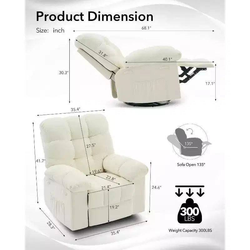Fauteuil inclinable à bascule, fauteuil à bascule pivotant à 360° pour salon, fauteuil de nurserie rembourré en tissu avec poches latérales pour petits espaces