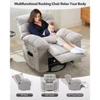 Fauteuil inclinable à bascule, fauteuil à bascule pivotant à 360° pour salon, fauteuil de nurserie rembourré en tissu avec poches latérales pour petits espaces