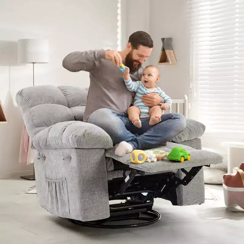 Fauteuil inclinable à bascule, fauteuil à bascule pivotant à 360° pour salon, fauteuil de nurserie rembourré en tissu avec poches latérales pour petits espaces