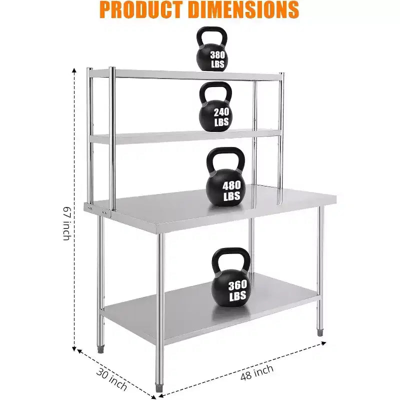 Table de travail en acier inoxydable robuste, table de préparation alimentaire commerciale avec étagères et pieds réglables pour restaurant/maison/hôtel (1 pièce)