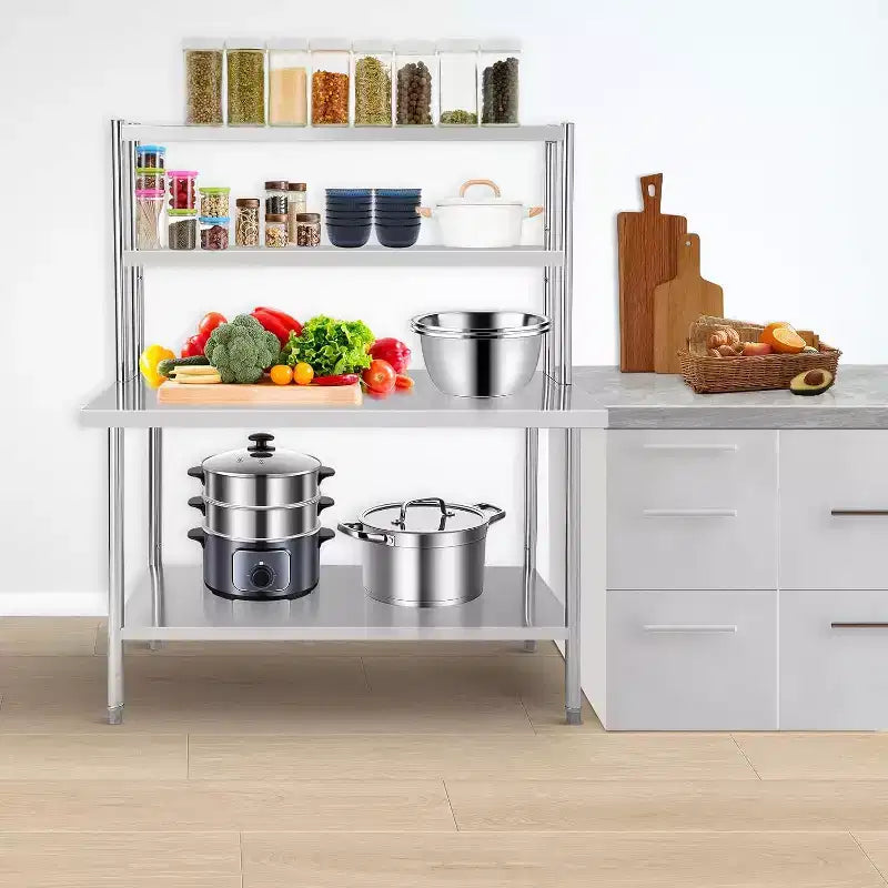 Table de travail en acier inoxydable robuste, table de préparation alimentaire commerciale avec étagères et pieds réglables pour restaurant/maison/hôtel (1 pièce)