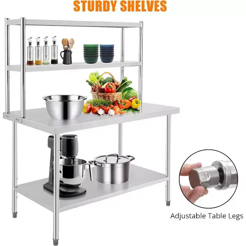 Table de travail en acier inoxydable robuste, table de préparation alimentaire commerciale avec étagères et pieds réglables pour restaurant/maison/hôtel (1 pièce)