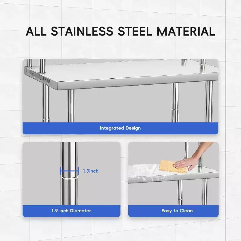 Table de travail en acier inoxydable robuste, table de préparation alimentaire commerciale avec étagères et pieds réglables pour restaurant/maison/hôtel (1 pièce)