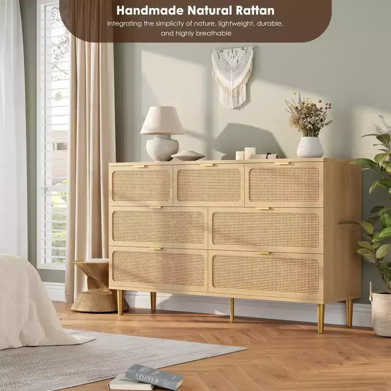 Commode haute à tiroirs en osier pour la chambre, armoire à tiroirs grande capacité, coiffeuse avec un plateau large, adaptée pour le salon, le couloir