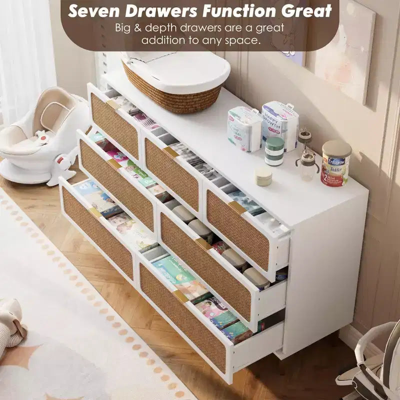 Commode haute à tiroirs en osier pour la chambre, armoire à tiroirs grande capacité, coiffeuse avec un plateau large, adaptée pour le salon, le couloir
