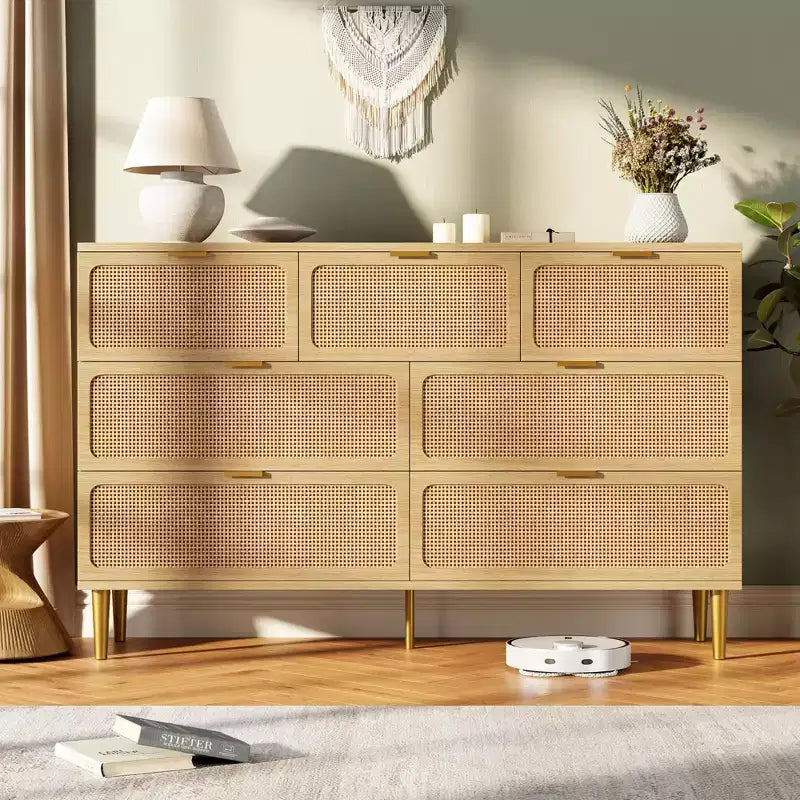 Commode haute à tiroirs en osier pour la chambre, armoire à tiroirs grande capacité, coiffeuse avec un plateau large, adaptée pour le salon, le couloir