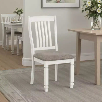 Royal Hampton Side Dining Chair Set of 2, Rustic White Wood, Gray Fabric, Slat Back