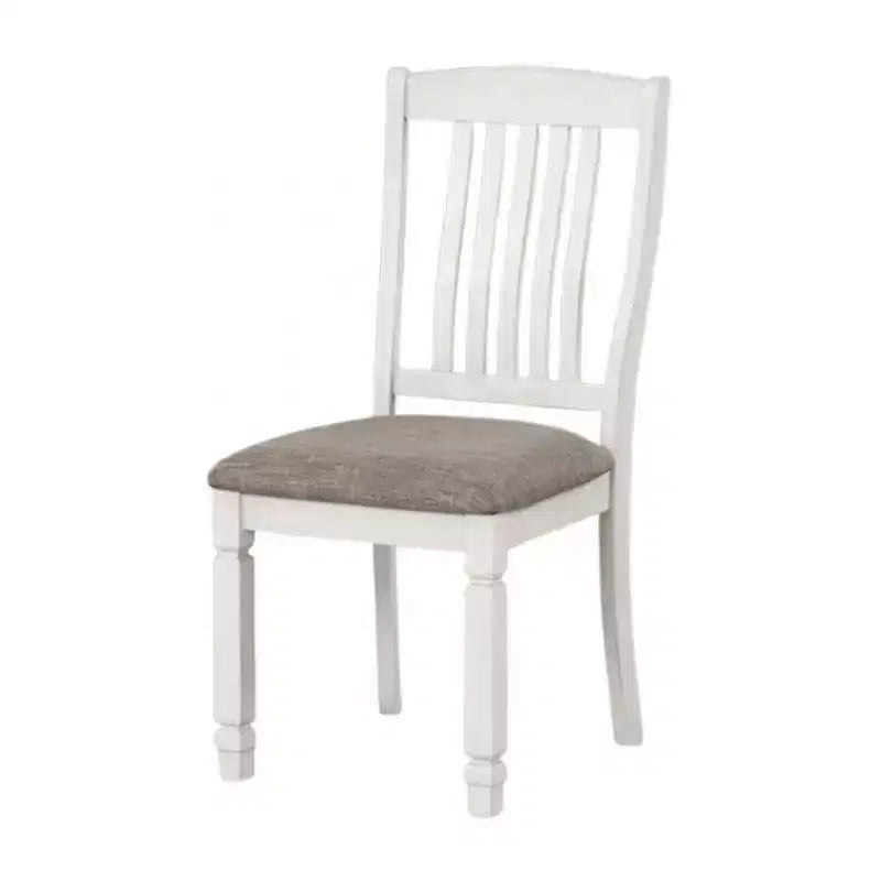 Lot de 2 chaises de salle à manger, bois blanc rustique, tissu gris, dossier à lattes