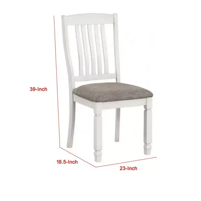 Lot de 2 chaises de salle à manger, bois blanc rustique, tissu gris, dossier à lattes